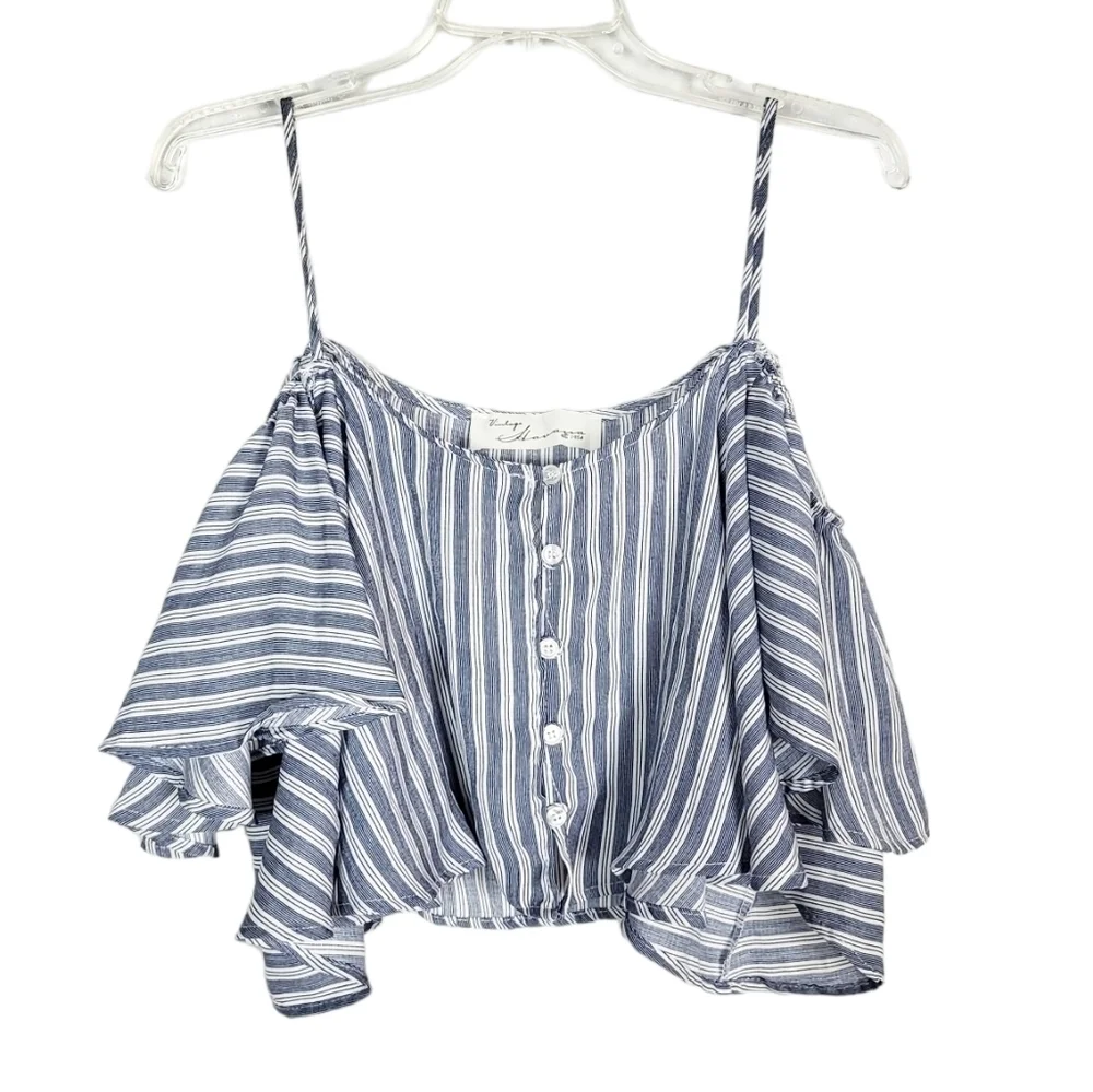VINTAGE HAVANA striped cold shoulder cropped top with ruffle - Picture 3 of 6